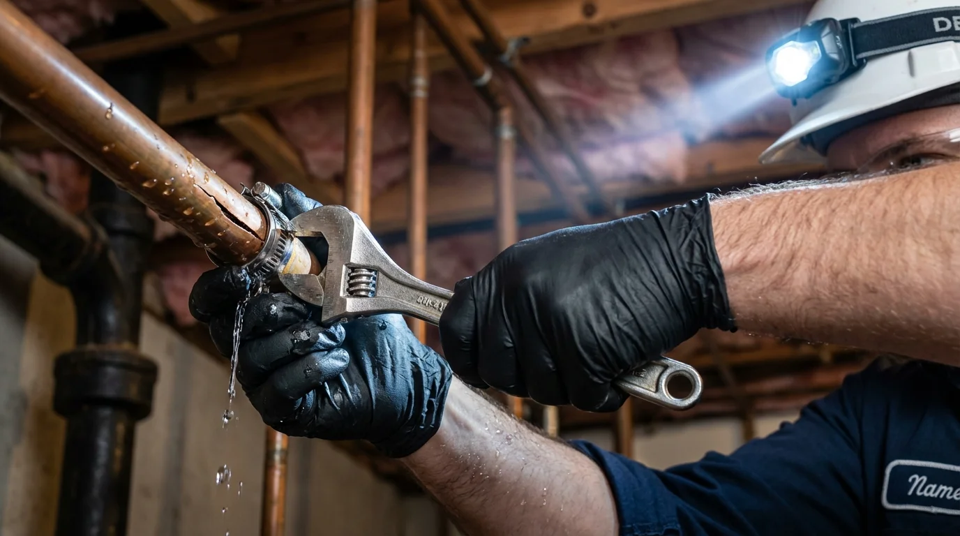 Emergency pipe clamp repair being performed by a Johns Plumbing LLC plumber in Jerome
